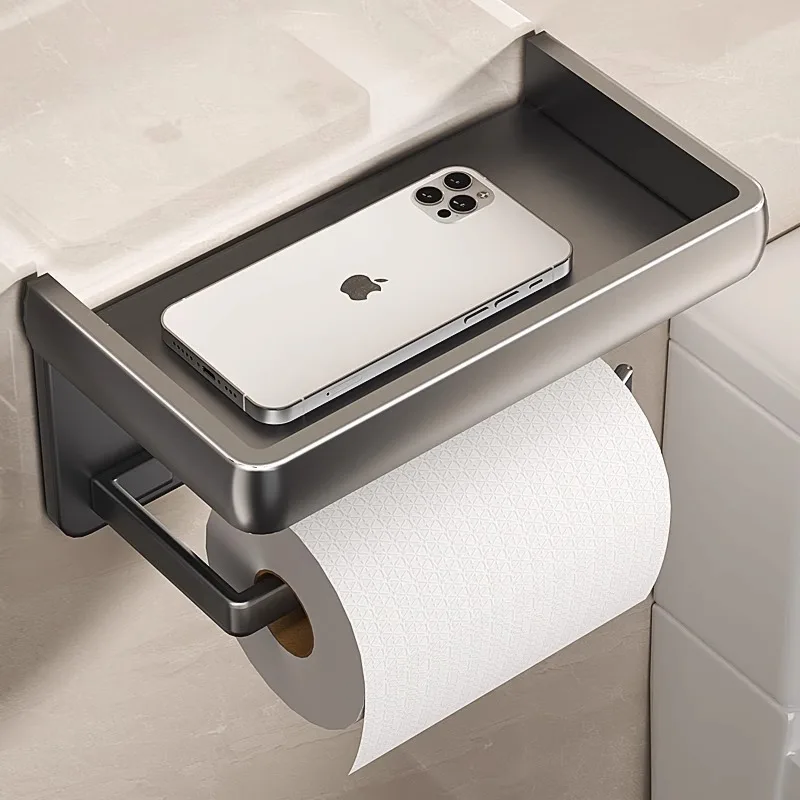 バスルームトイレットペーパーホルダー-ガングレー-壁掛けペーパータオルボックス-収納棚-穴あけ不要-ティッシュラックオーガナイザー