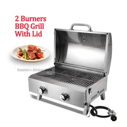 2 Burners LPG BBQ Grill With Lid Barbecue Grill Stove With Stainless Steel Cover Gas Grill 540*337mm Grill Net Fast Heating