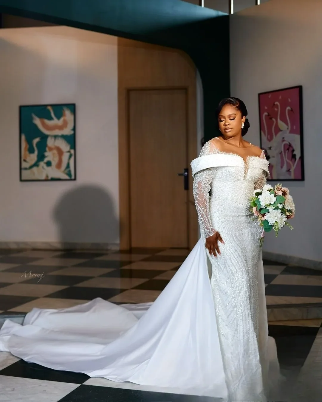 Customized Off the Shoulder Sparkly Pearls Crystals  Wedding Dress Robe De Mariée Long Sleeves Bridal Gowns with Removable Skirt