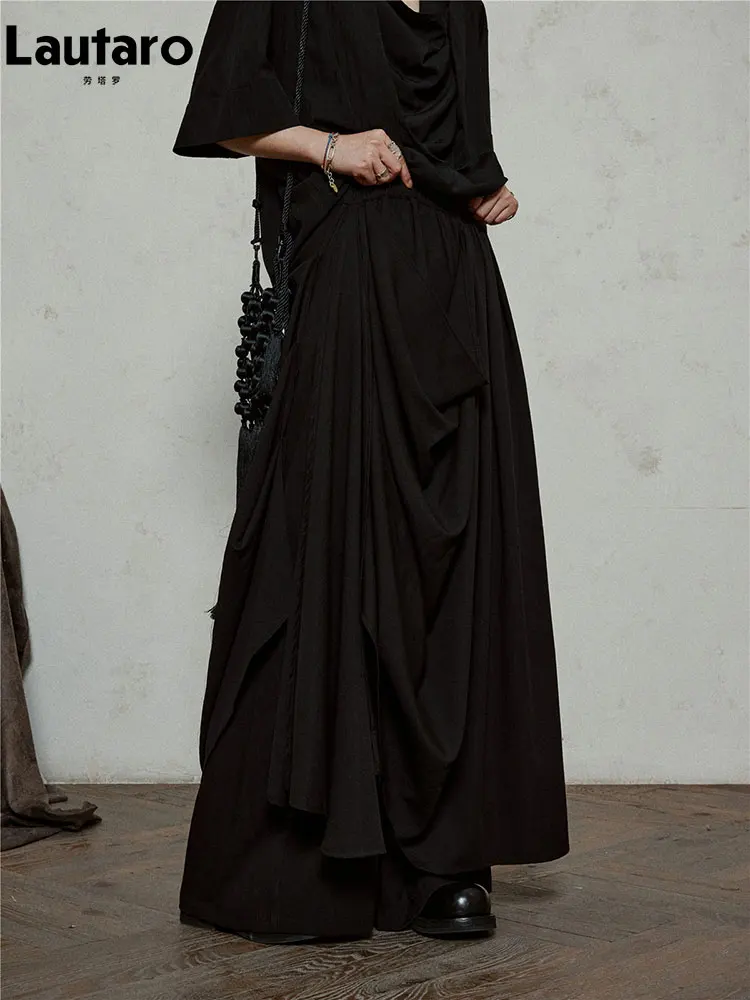 

Lautaro Spring Autumn Flowy Baggy Black Flowy Double-layer Asymmetrical Wide Leg Pants Women Dark Academia Clothing vintage 2026