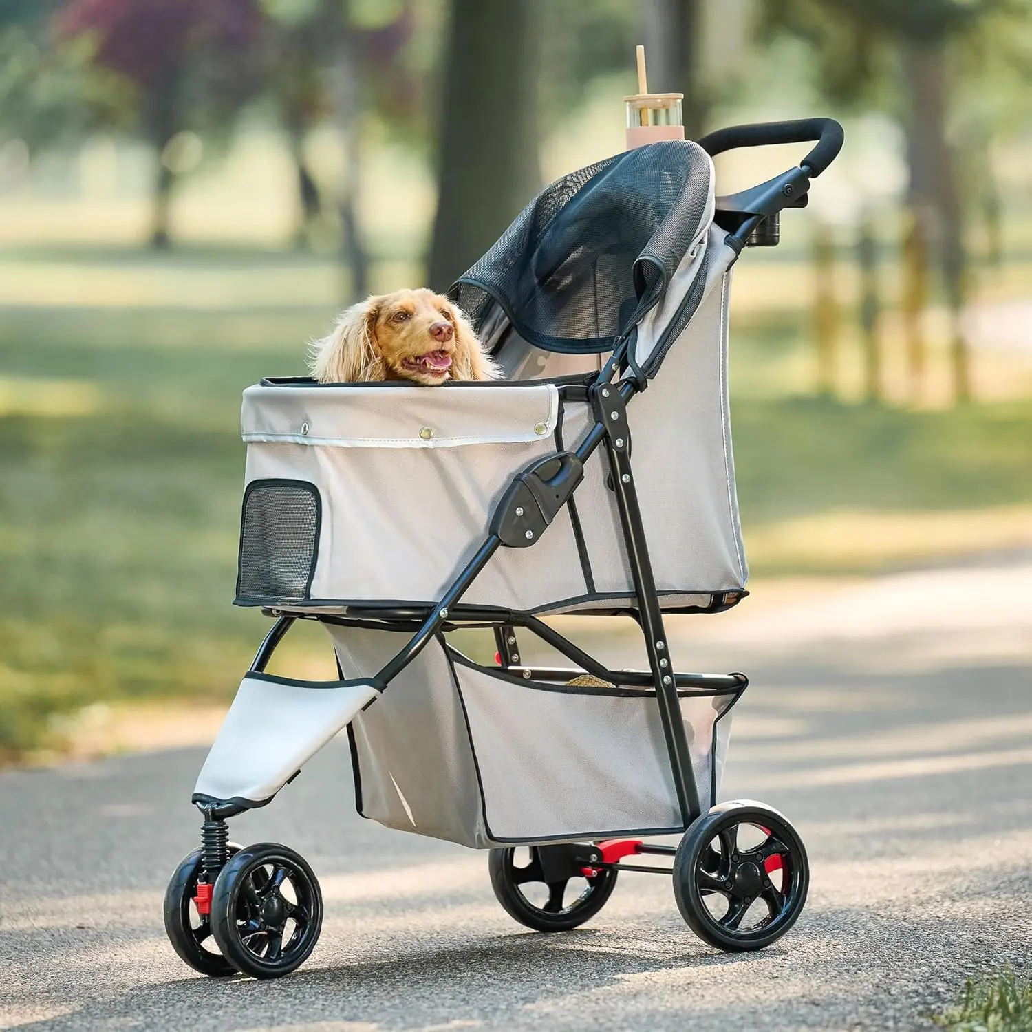 Pet Products Stroller, Includes 360 Degree Front Wheel Swivel, Rear Wheel Breaks, Reflective Trim, Mesh Panels, Umbrella