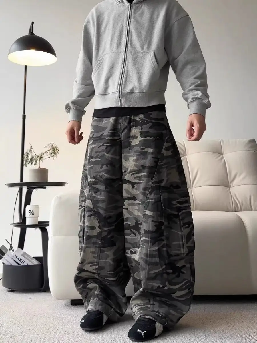 Men's Large Pocket Wide Leg Camouflage Sweatpants Unisex Spring Street Curved Pants Cool Boys Baggy Bottoms Male Loose Trousers