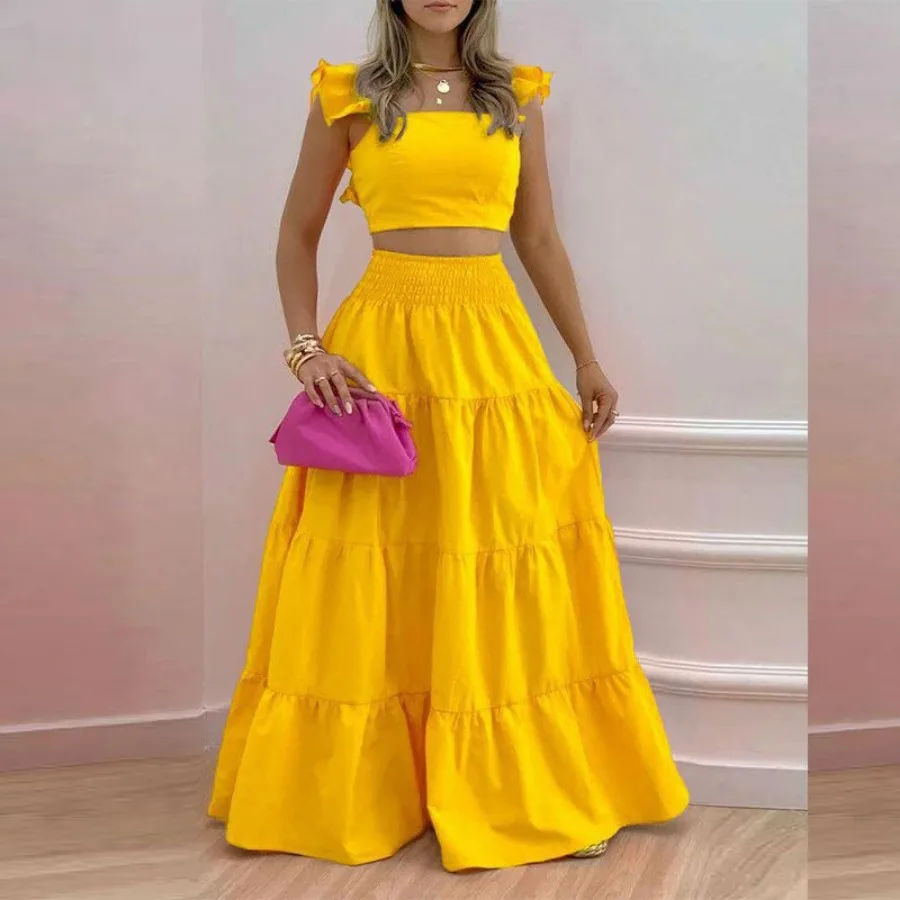 Two Piece Skirt Sets Women Print Dot Ruffles A Line Long Skirts High Waist Casual Half Sleeve Tops Suits Elegant Lady 2024
