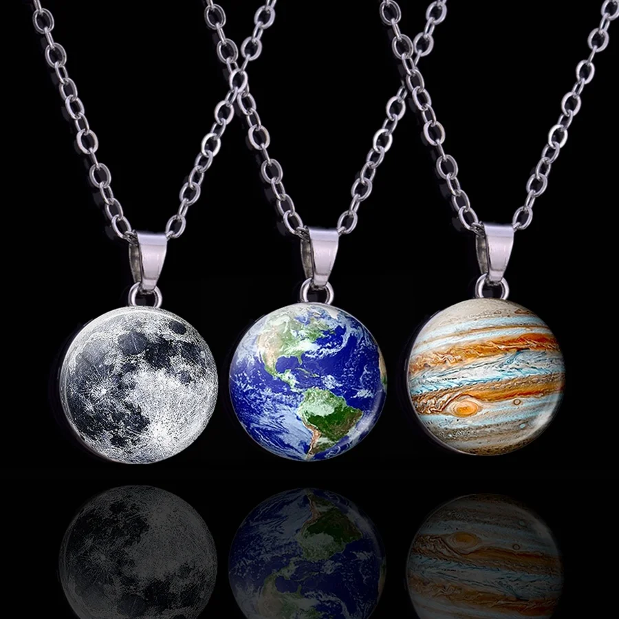 Planet Galaxy Necklace Glass Snap Button Pendant Jewelry Solar System Moon Earth Necklace Fashion Men Women Valentine\'s Day Gift