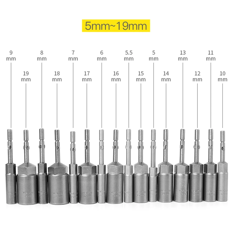 16pcs/set 90mm Full Length Extra Deep Bolt Nut Bit Set Metric 801 5mm Round Shank Impact Socket Adapter For Power Tools 5-19mm