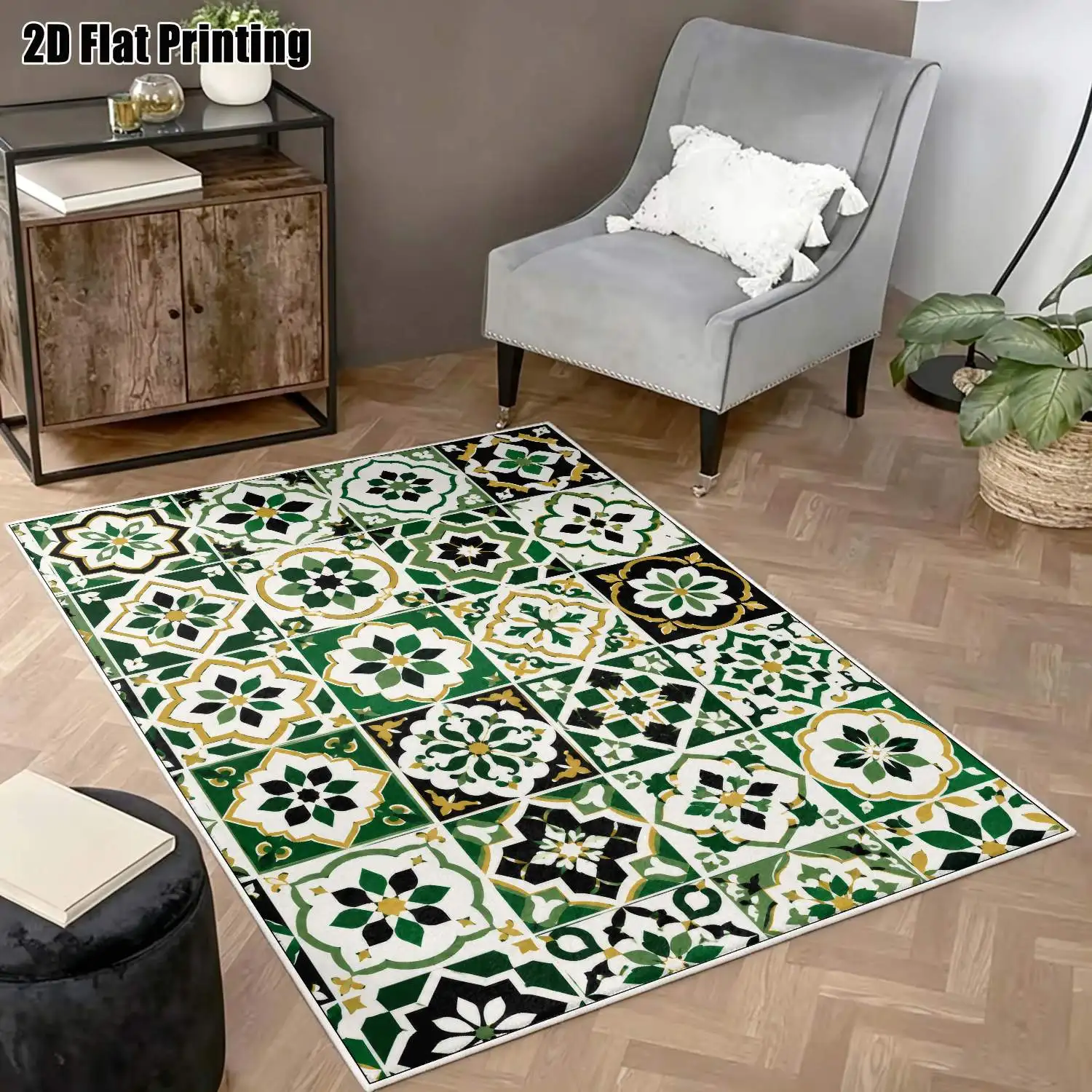 1Pc 2D Printed Green Geometric Floral Velvet Carpet, European Retro Bohemian Style, Multi-Size Machine Washable, for Home Decor & Multi-Scene Use