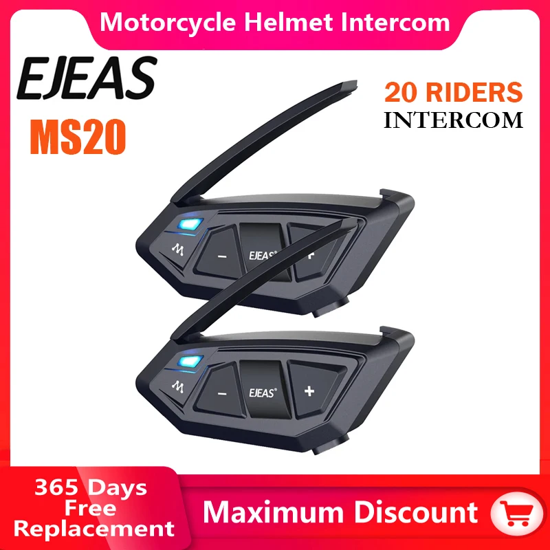 EJEAS MS20 Motorcycle Helmet Intercom Bluetooth Headset Mesh Interphone Communicator Safe Riding APP Music Sharing FM Waterproof