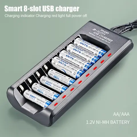 USB Output 8 Slots Fast Charging Short Circuit Protection for 1.2V NiMH AAA/AA Batteries Charger Rechargeable Battery Charger