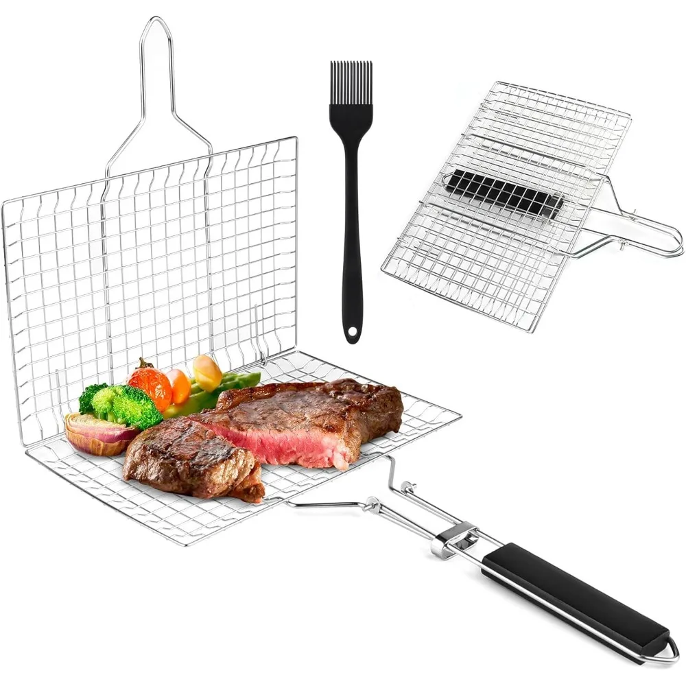 

Barbecue Basket and Fish Grill, Stainless Steel Foldable Portable Barbecue Basket, Meat and Vegetable Brush Barbecue Accessories