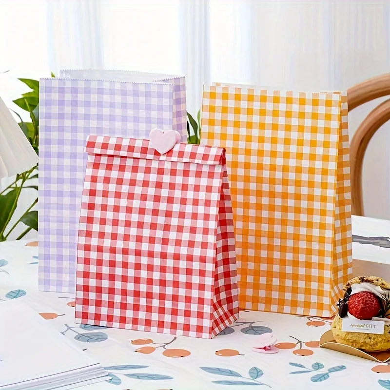 Plaid Patterned Gift Bags with Stickers - 50 Piece Set, Paper Material, Assorted Colors, Perfect for Party Favors and Presents