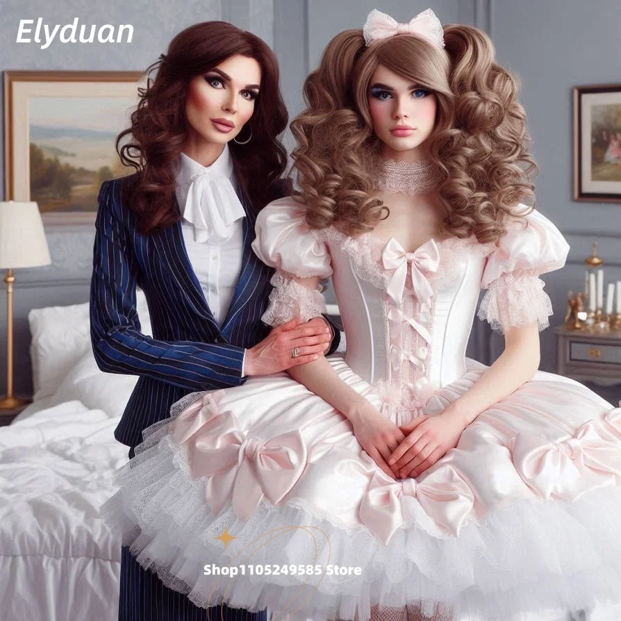Rosa Kurzes Ballkleid Abschlussballkleid mit Schleife Spitze Mini Lolita Cocktailkleid Sissy Cosplay Kostüm Maßanfertigung