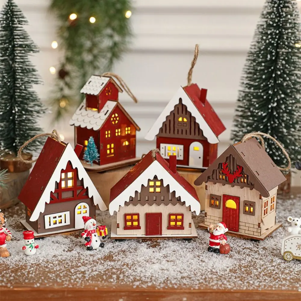 Decorative Christmas Snow House Pendant Elk Hanging LED Wooden Christmas House Christmas Tree Mini Xmas Light Up Building