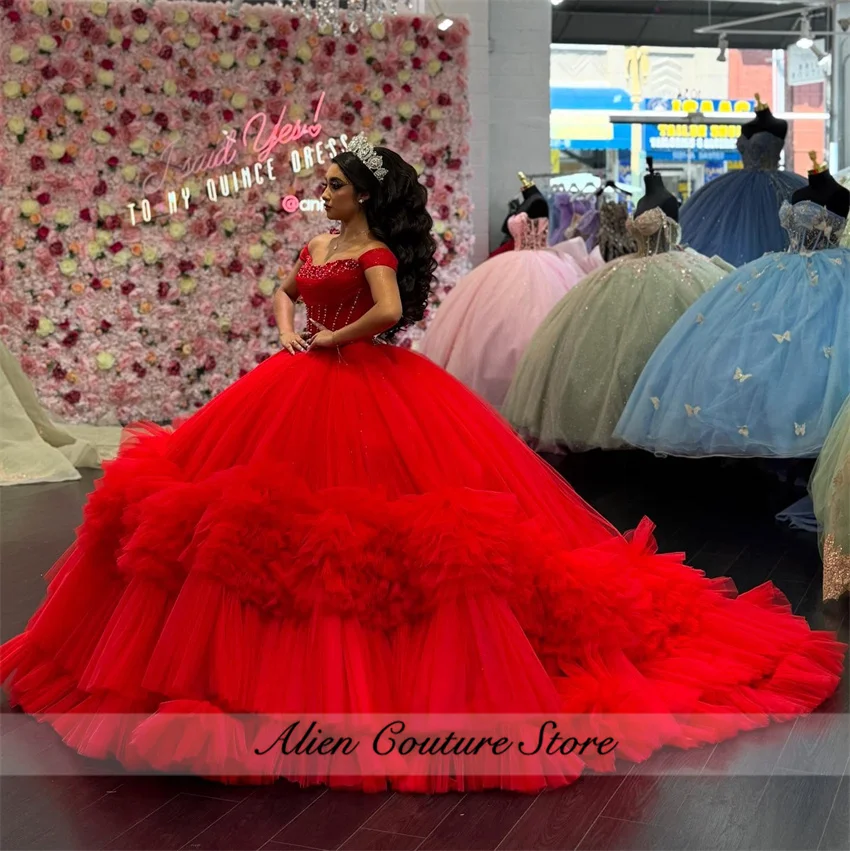 

Элегантное красное платье Quinceanera 2025 года, бальное платье с жемчугом и кристаллами, оборками и бисером, платье для дня рождения, Vestidos De 15 лет, по индивидуальному заказу