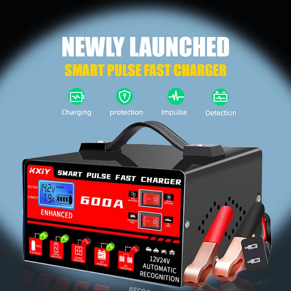 Automatic Stop Voltage Temperature Detection 12V 24V 600A Digital LCD Display Car Battery Charger Intelligent Pulse Repair