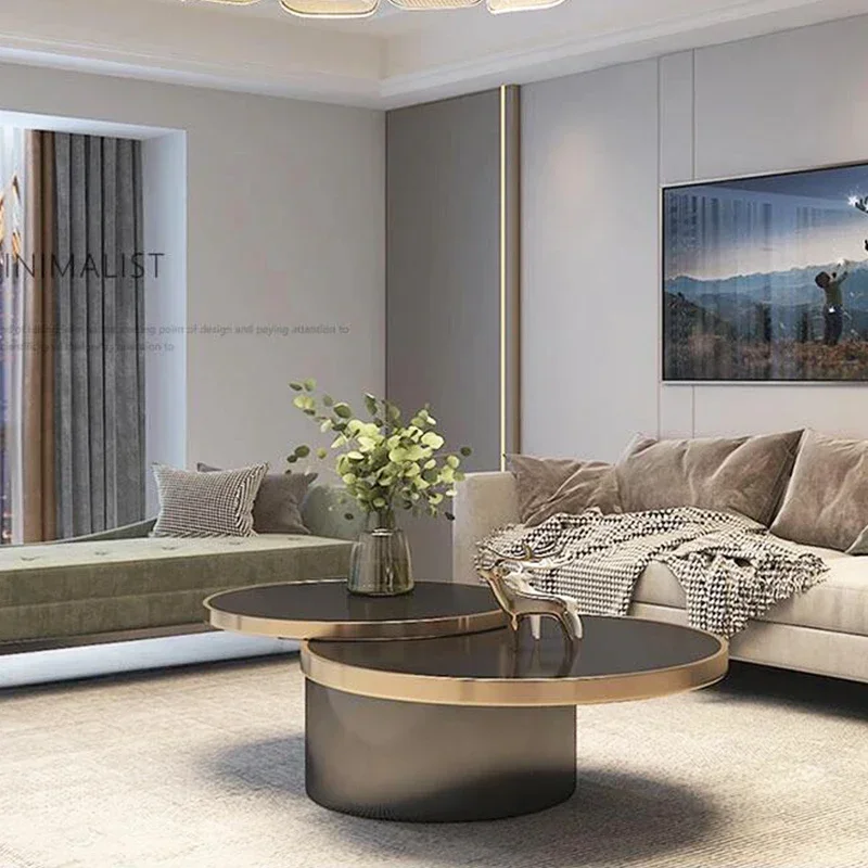 

Italian light luxury rotating coffee table living room creative stainless steel double glass combination tea table