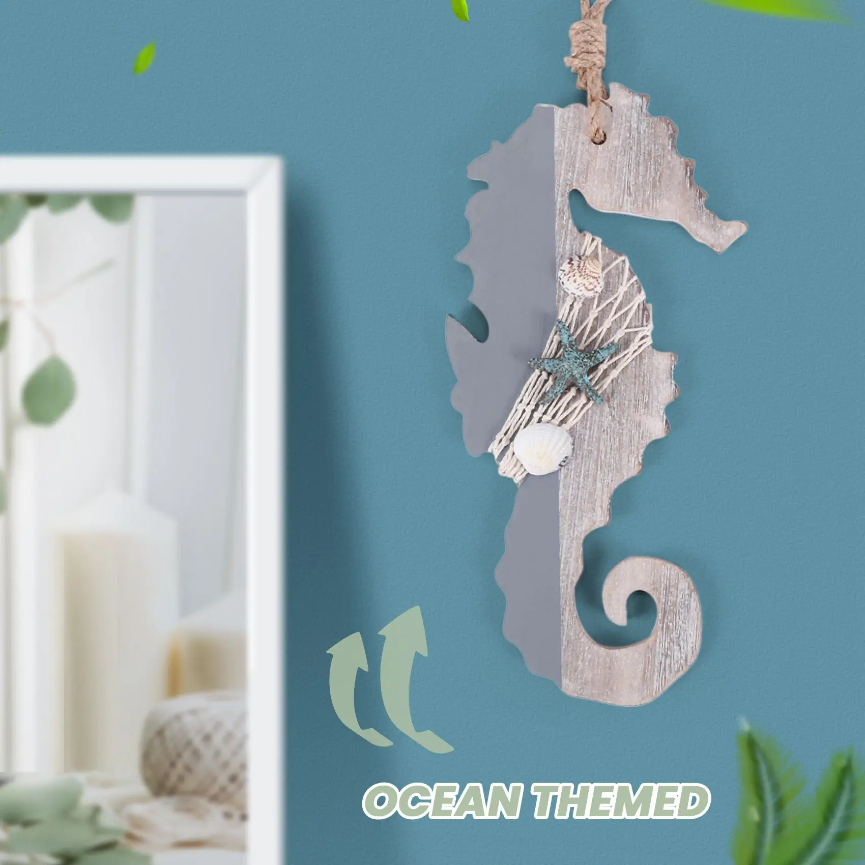 

Wooden Decor Seahorse with Starfish and Shells for Nautical Decoration,Wall Hanging Ornament Beach Theme Home Decoration