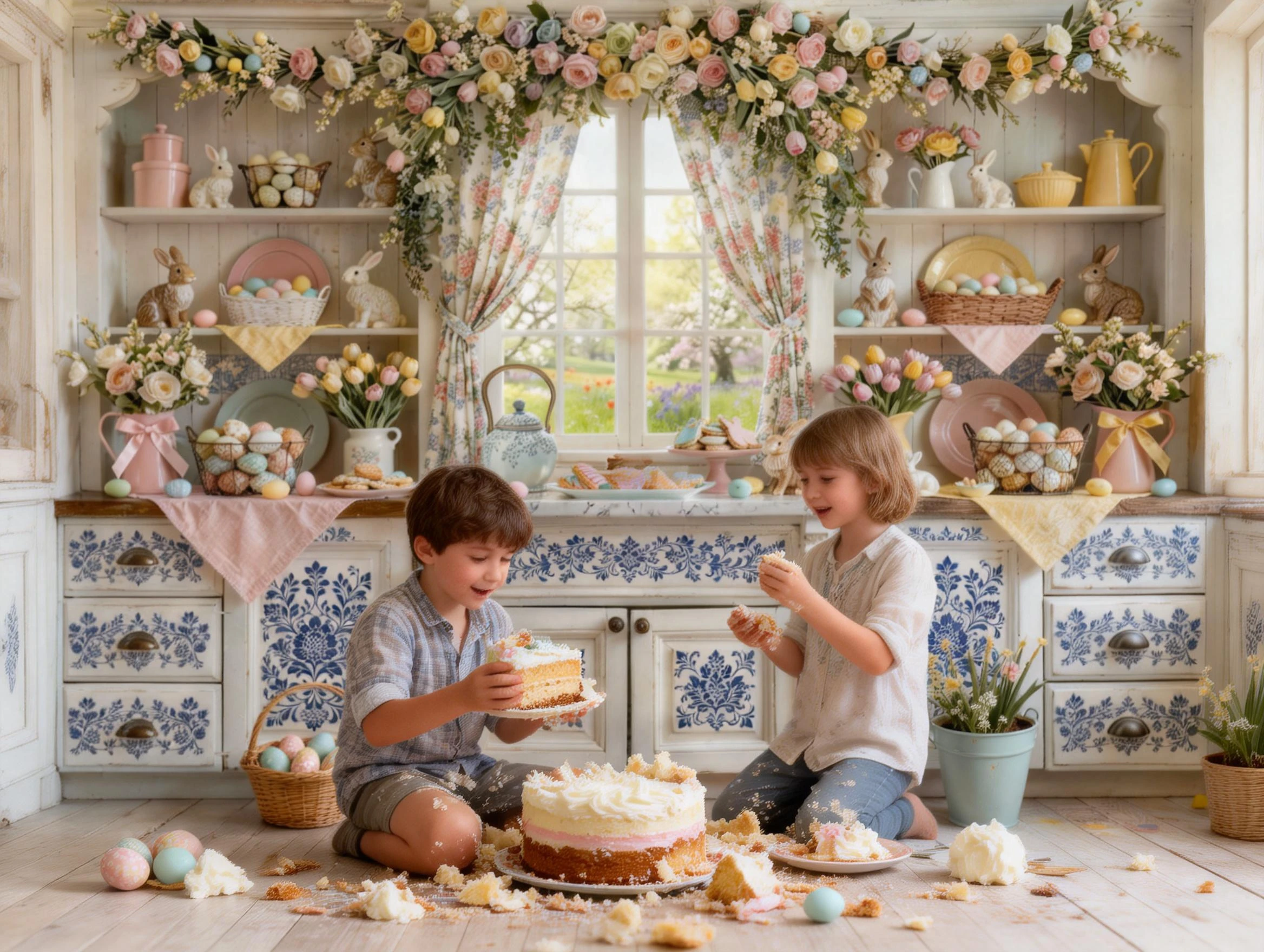 Easter White Kitchen Blue Delft Style Backdrops Tiles Pastel Bunny Eggs Blooming Floral Garlands Sunlit Window Spring Background