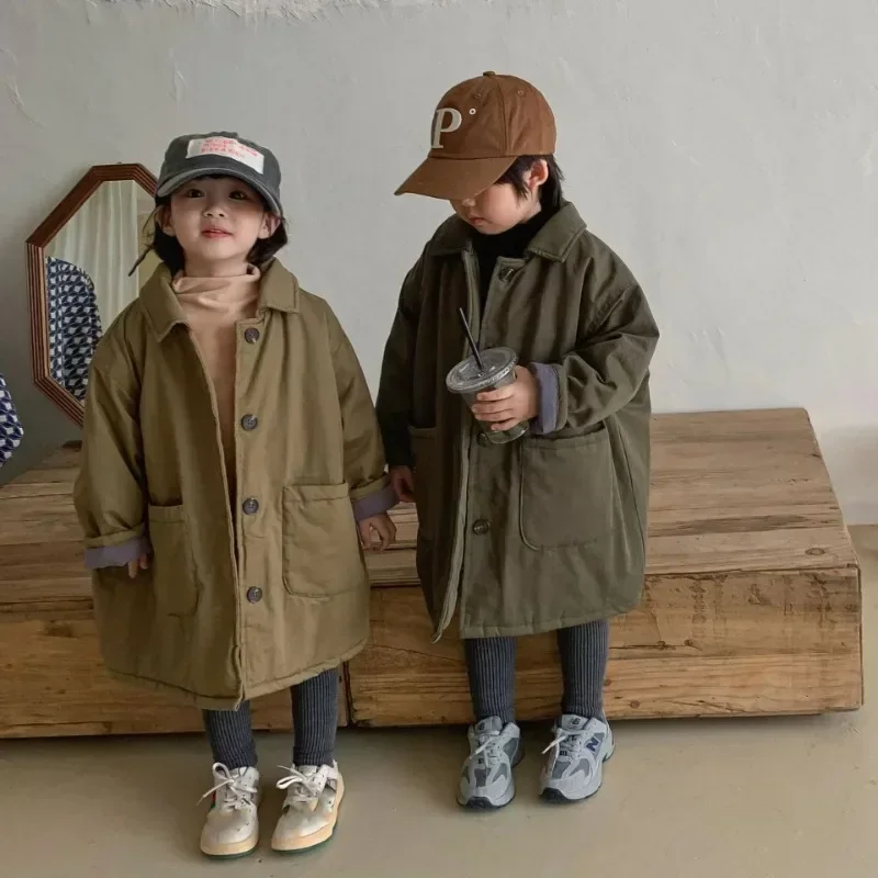 Koreanischen Stil Neue Winter Kinder Lange Baumwolle Gefütterte Mäntel Warme Verdicken Einfarbig Parkas Unisex Kinder Casual Oberbekleidung