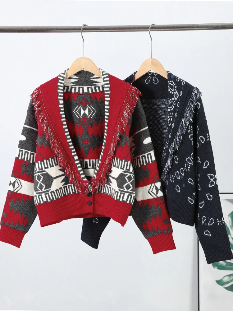 

Модный кардиган с бахромой и принтом, женский спортивный кардиган с v-образным вырезом и завязками на поясе, открытое переднее пальто, осень 2022, новая женская элегантная верхняя одежда