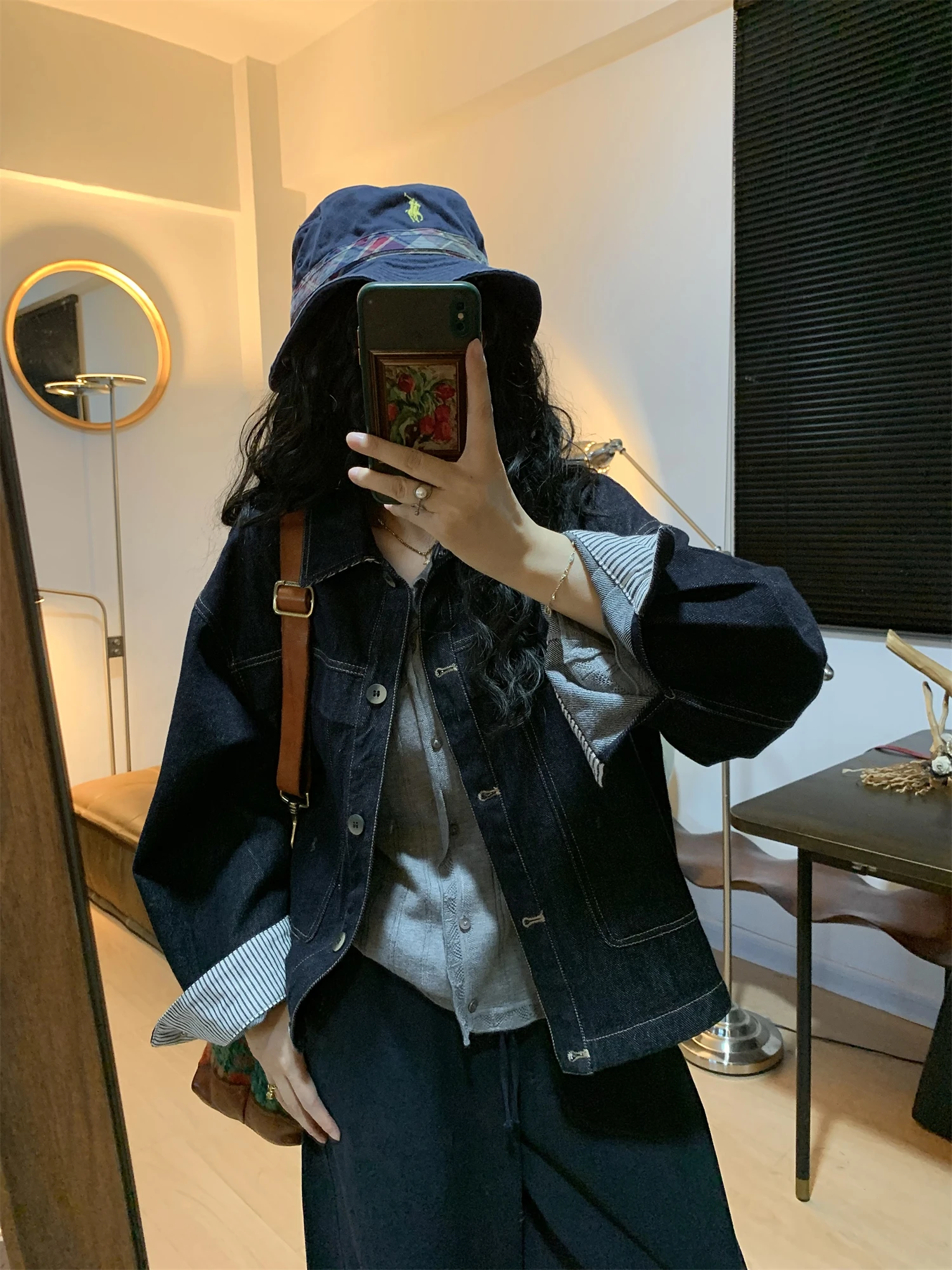 

QinEition Women's Loose Fit ort Denim Jaet with Big kets Retro Striped Color Blo Cuff Sve Ladies Faion Autumn Top