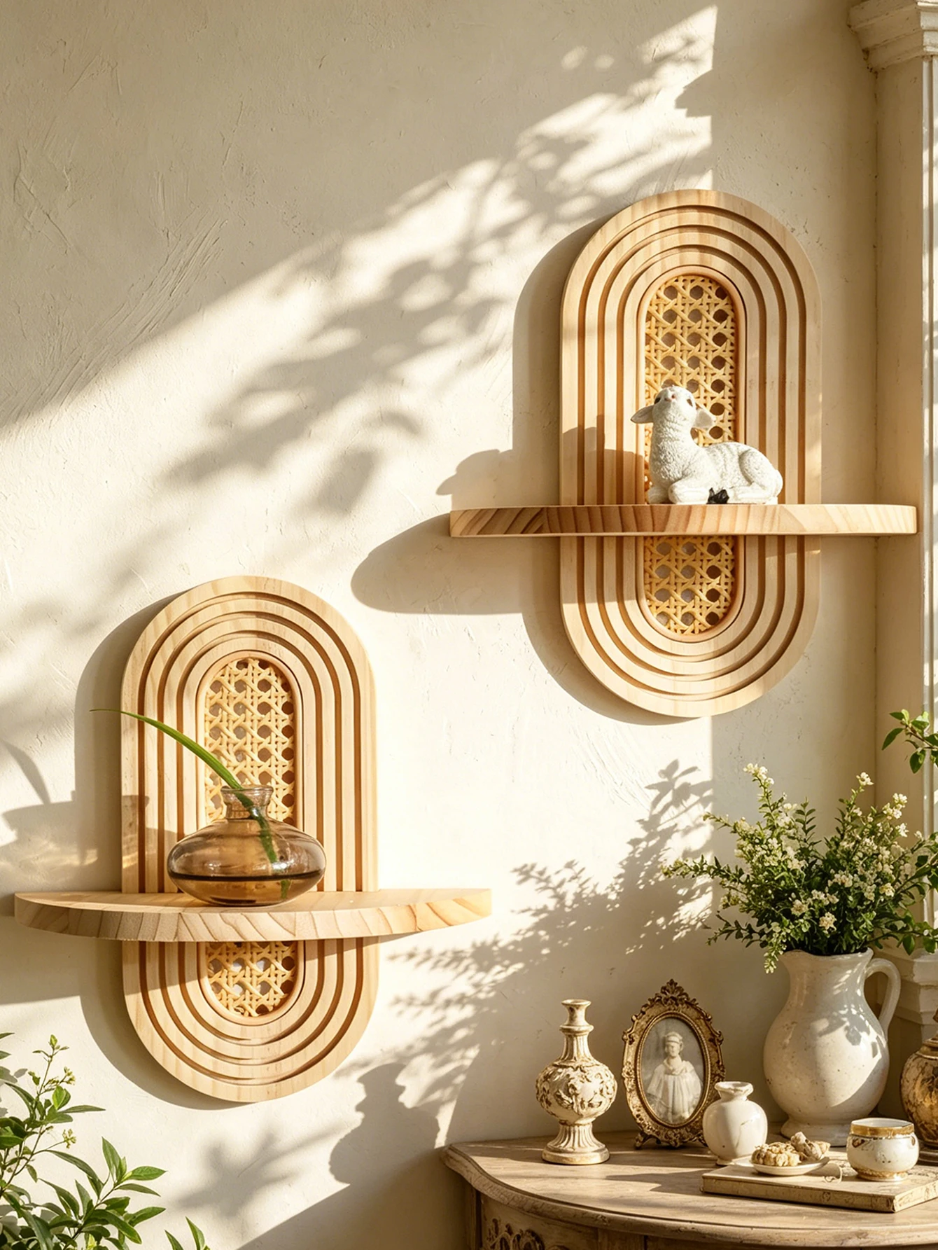 1Pc Boho Style Wooden Wall Shelves - Geometric Wall Mounted Shelves, Natural Wood Finish, Modern Home Decor, Plant Decorative