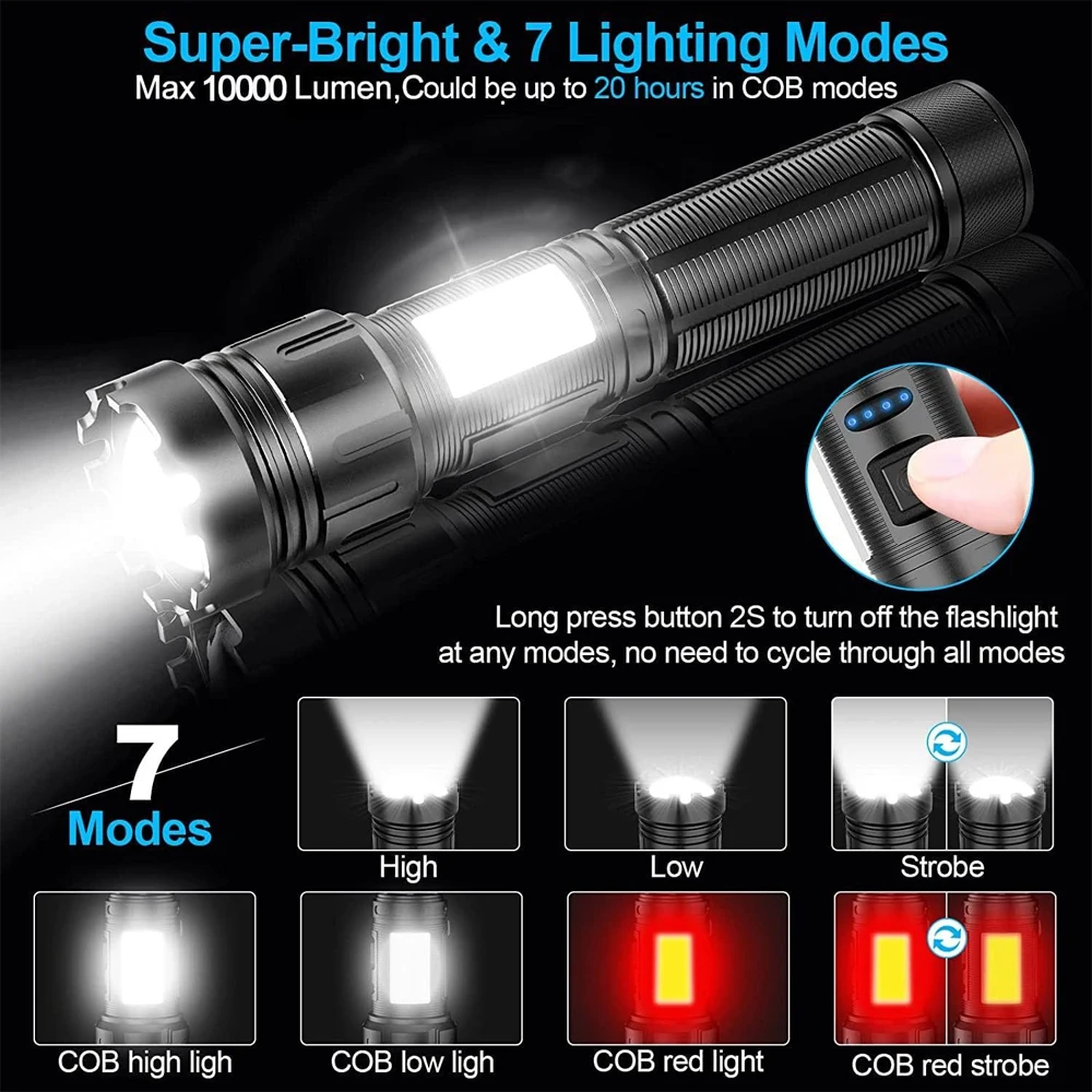 Powerful LED+COB Flashlight Zoomable 18650 Torch Type-C Rechargeable Camping Lantern Waterproof Magnetic 18650 Power Bank Light