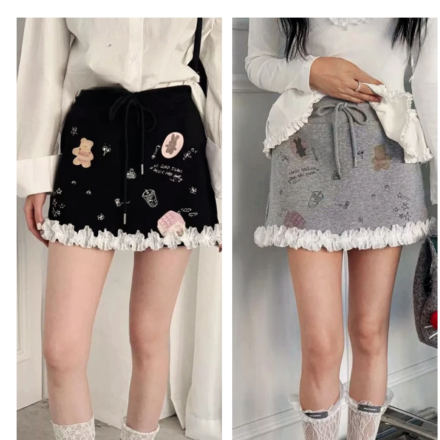 

Летняя короткая юбка в корейском стиле, облегающая, с граффити-принтом, кружевной отделкой, дизайнерская, сексуальная, утягивающая, средней длины, женская юбка