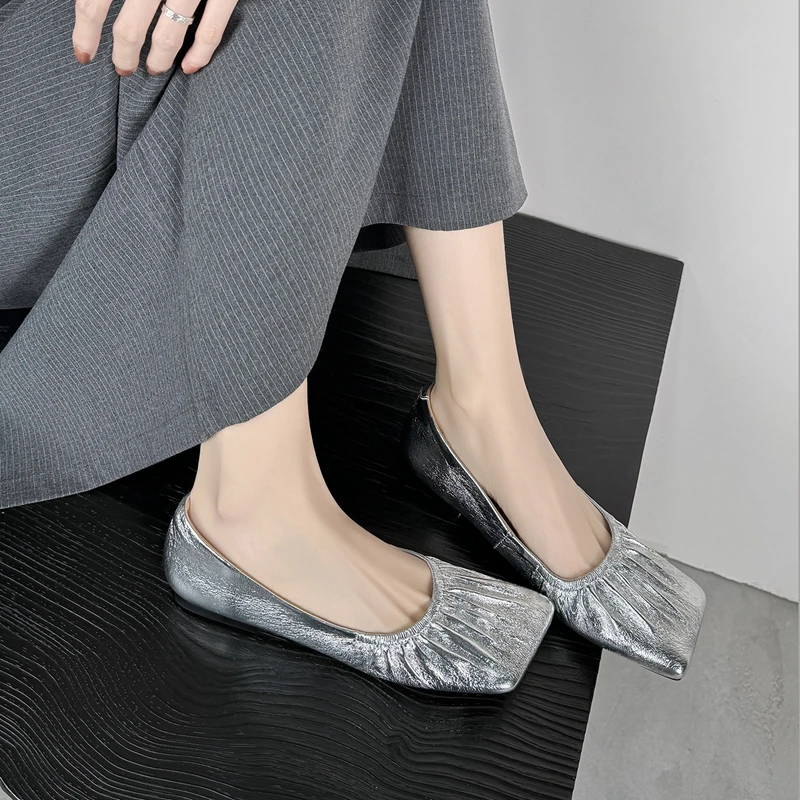 

Women's new spring and autumn genuine leather soft pleated cowhide mid heel plus square toe French fashion single shoe