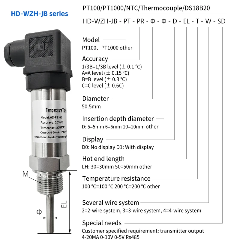 LED Pt100 Thermocouple Resistance Temperature Sensor Transmitter Stainless Steel Controller Hot Water Heavy Oil Waterproof