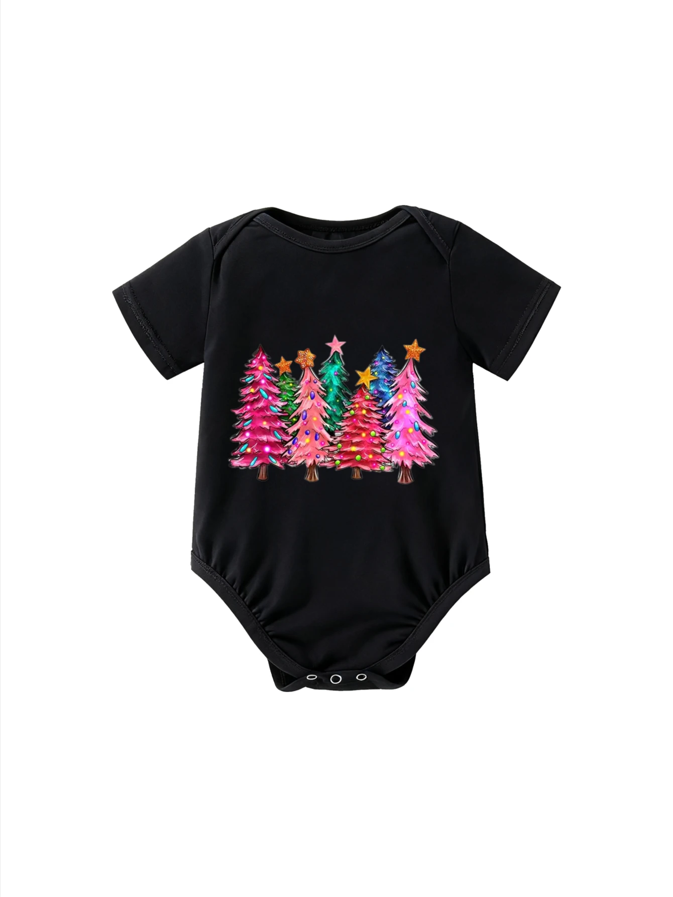 

​Baby Bodysuit Sleeve Colorful Christmas Trees with Star Toppers and Lights for Infant Boys Girls Holiday Festive Party Wear​