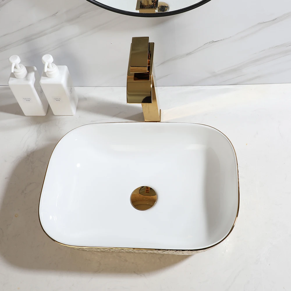 SINLAKU US Bathroom Vessel Sink Gold  White Ceramic Rectangular Above Counter Art Basin Hammered Texture w/ Waterfall Faucet