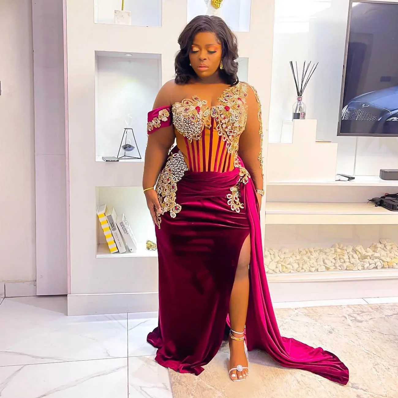Velvet plus Size Prom Dress with Scoop Illusion Long Sleeves Major Beads Pearls Mermaid Evening Corset Aso Ebi Party Gown