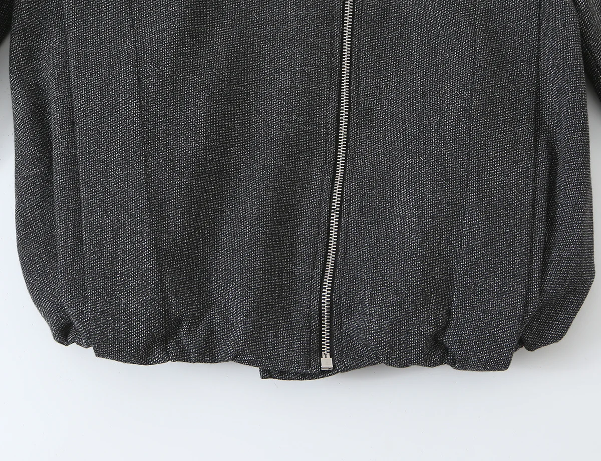 Damenjacken mit Stehkragen, unregelmäßigem Metallreißverschluss, lässig, trendig, kurz geschnitten, Streetwear, modische, lockere, einfarbige Langarmjacke – Detail 7