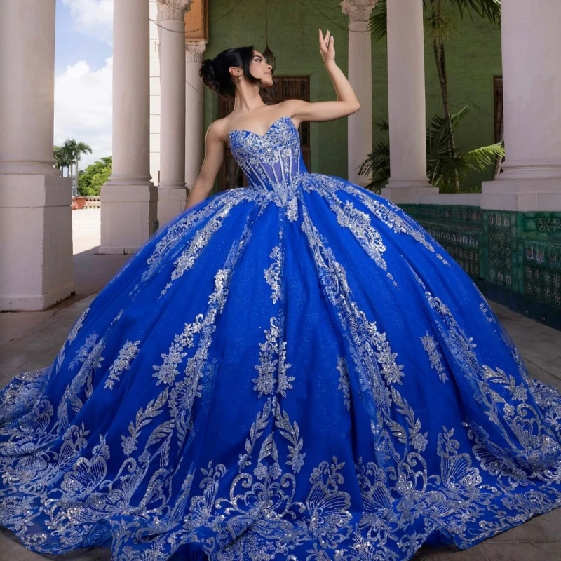 

Royal Blue Shiny Quinceanera Dresses Ball Gown Off The Shoulder Sequin Applique Lace Beading Crystal Bow Tull Corset Party Birth
