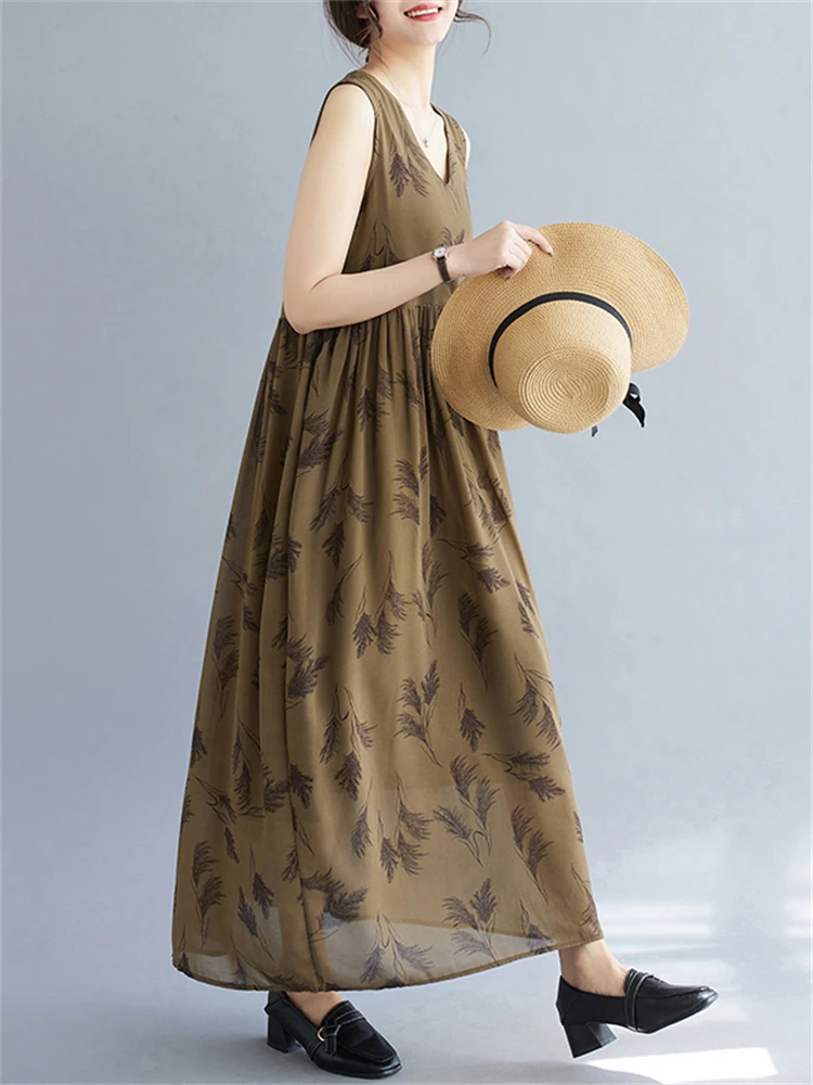 Sleeveless Cotton Print Vintage Dresses For Women 2025 Summer Casual Long Holiday Beach Dress Femme Robe Vestido Elegant Clothes