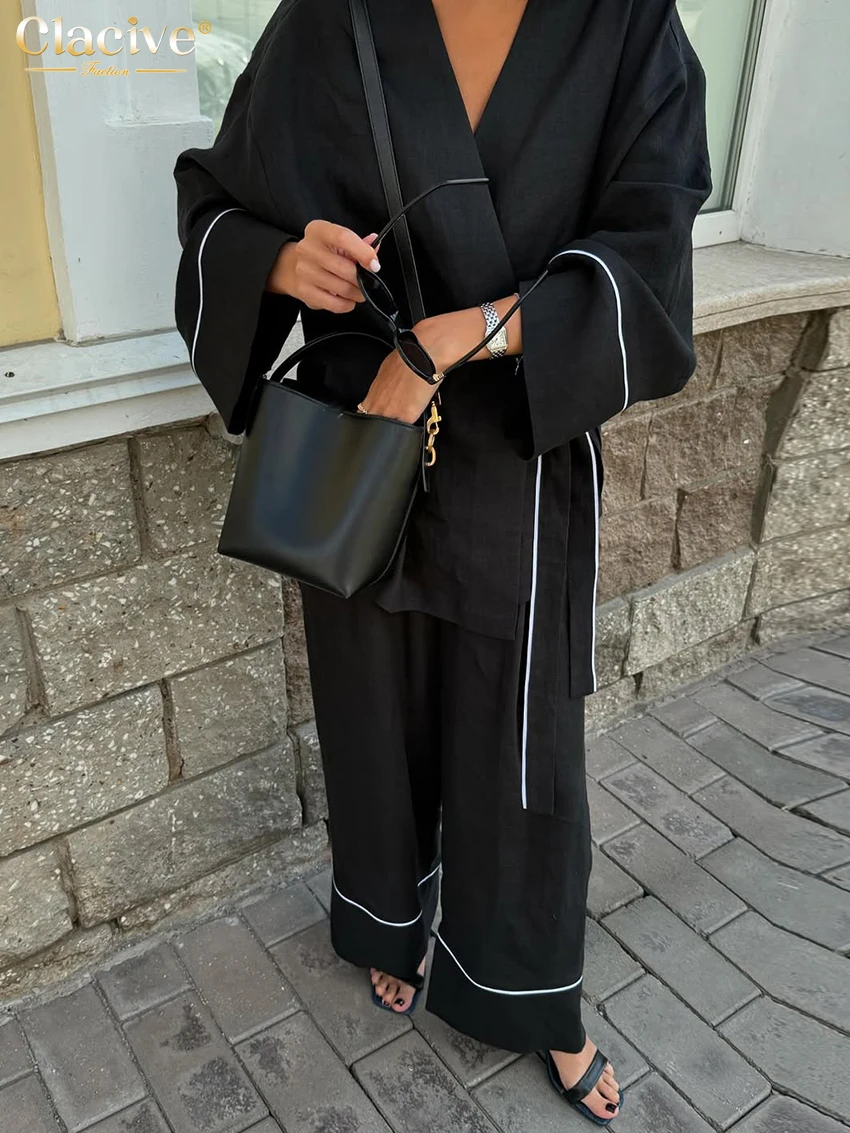 Cclacive Fashion Loose Black Cotton Women's Two Pieces Set 2025 Casual Long Sleeve Shirt With High Waist Wide Pants Set Female