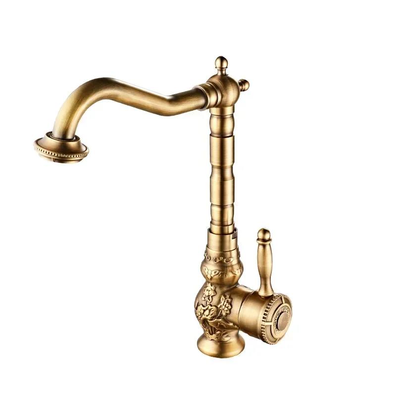 Antique Brass Bathroom Faucet Washbasin Retro Classic Kitchen Mixer Taps Carving Swivel Singe Handle Sink Tap Water Faucet