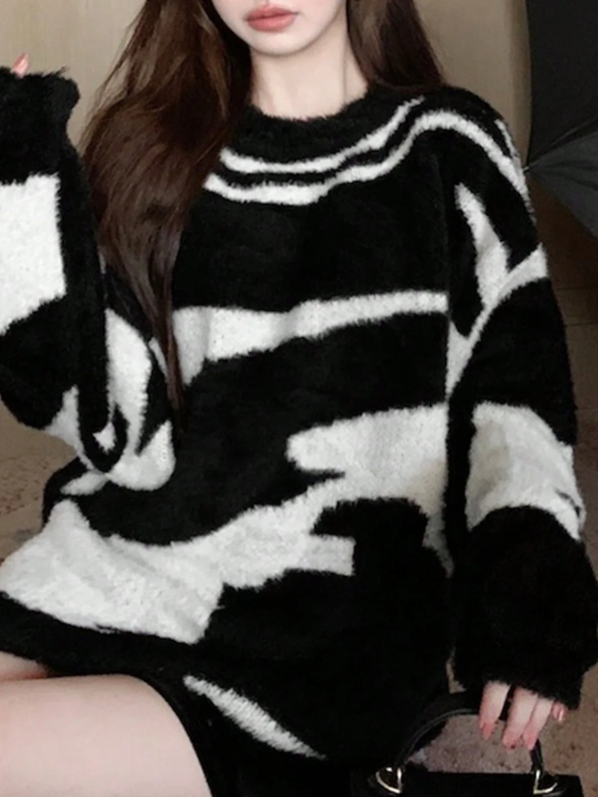 Loose Knitted Sweater Zebra Pattern Lazy Sle Korean Chic Spring Autumn New Arrival Women's Faionable Comfortable Long Sle...