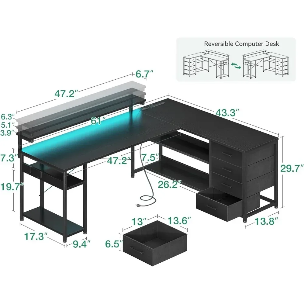 61" L Shaped Desk with Drawer, Computer Desk with Power Outlets & LED Lights, Reversible Corner Gaming Desk for Home Office