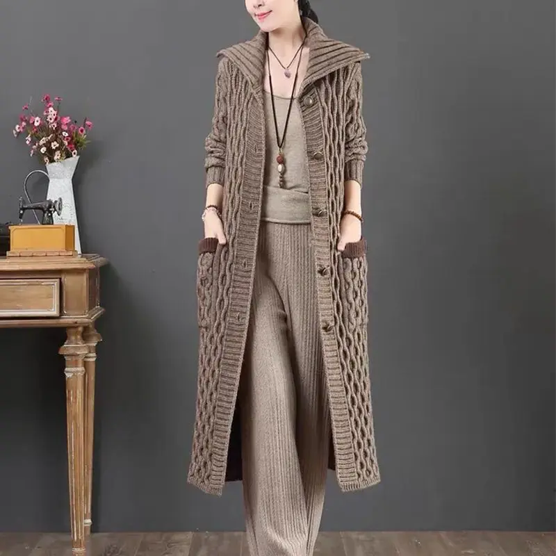 Spring Autumn 2024 New Jacquard Twists Cardigan Sweater Large Size Women Long Hooded Single Breasted Knitted Cardigan Coat M-5XL