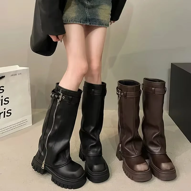 Zimowe damskie buty motocyklowe Modna klamra paska Damskie eleganckie platformy Długie botki rurkowe Casualowe damskie botki do kolan
