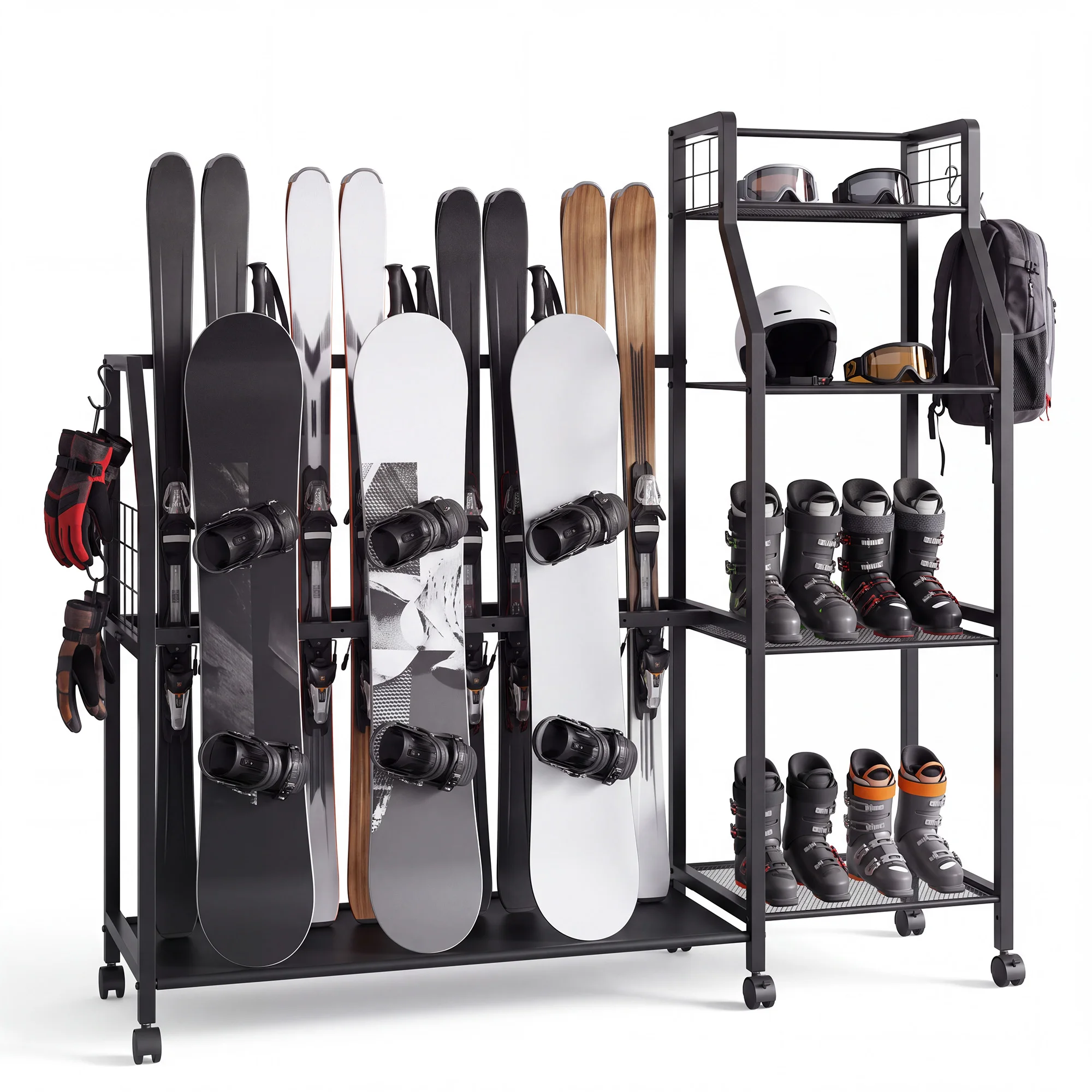 Heavy-Duty Rolling Ski Snowboard Storage Rack with Locking Casters Drip-Dry Shelves for Winter Gear Helmet Rack for Garage, Shed, Basement