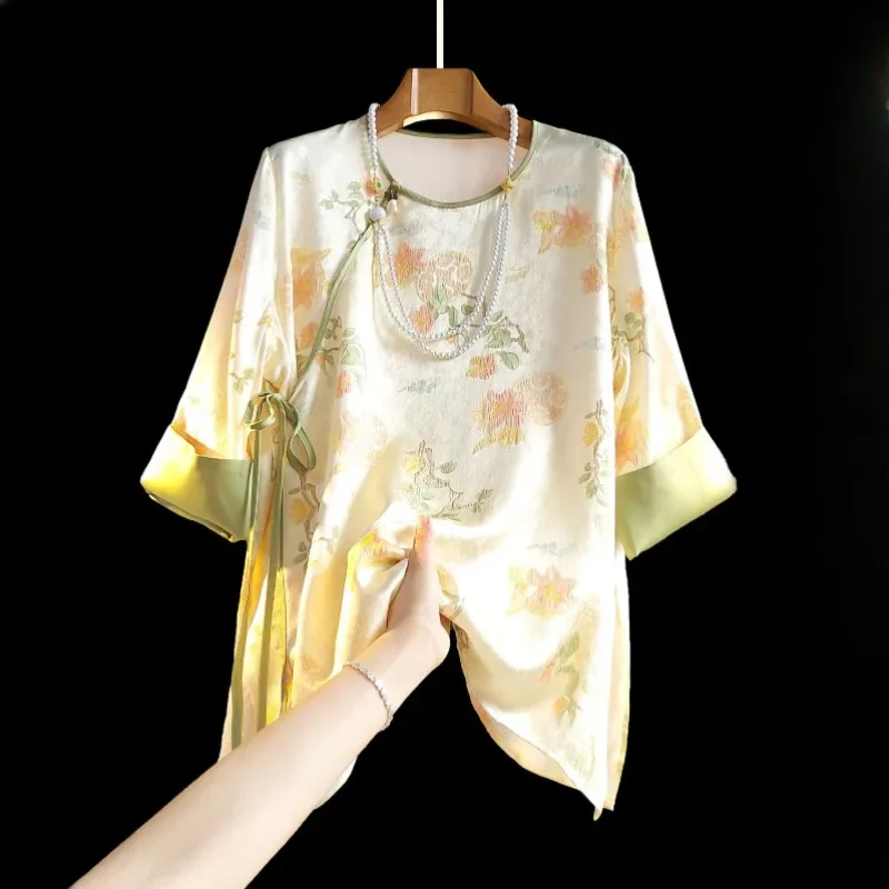 Chiffon Chinese Style Women Blouses Trend 2024 Summer Loose Clothing Sales Short Sleeve Top Vintage Prints Korean Women's Shirts