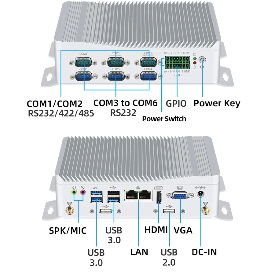 معالج IPC Intel N100 بدون مروحة كمبيوتر صغير 6x منافذ تسلسلية 6xUSB GPIO 2x إيثرنت واي فاي فتحة SIM 4G LTE Windows10/11 Linux