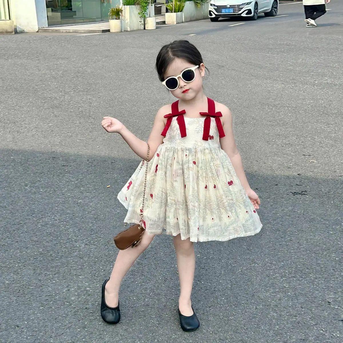 Korean Childrens Clothing 2024 New Girls Dress Summer Fashion Bow Floral Skirt Kids Dresses for Girls