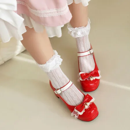 Spring Lolita Shoes Bow Tie Mary Janes Shoes Girls School Student Casual Pumps Woman Platform High Heels Cosplay Zapatos Mujer