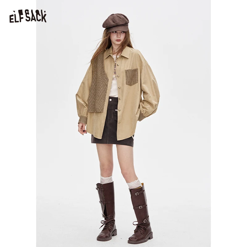 

ELFSACK 2025, осенние новые поступления, повседневная тканая рубашка большого размера с цветными блоками в стиле пэчворк с золотыми пуговицами для женщин