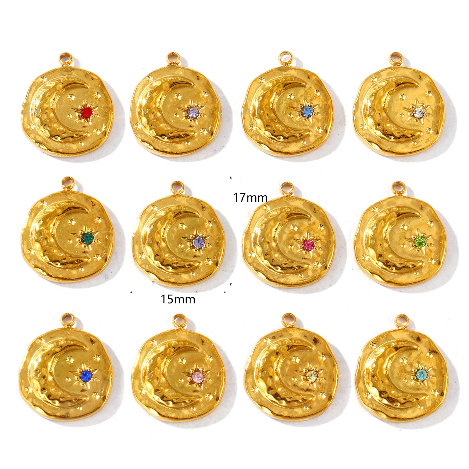 2 Pcs Cubic Zirconia Birthstone Charms 18K Gold Plated Round Moon 304 Stainless Steel Pendants For DIY Necklace 17mm x 15mm