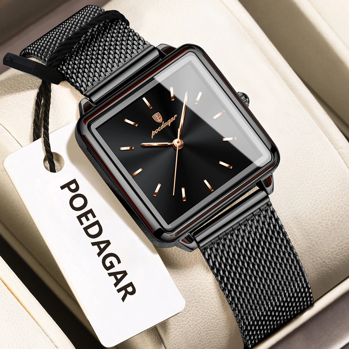 POEDAGAR Fashion Brand Ladies Wristwatch Waterproof Mesh Stainless Steel Woman Watch Elegant Square Quartz Women's Watches Reloj