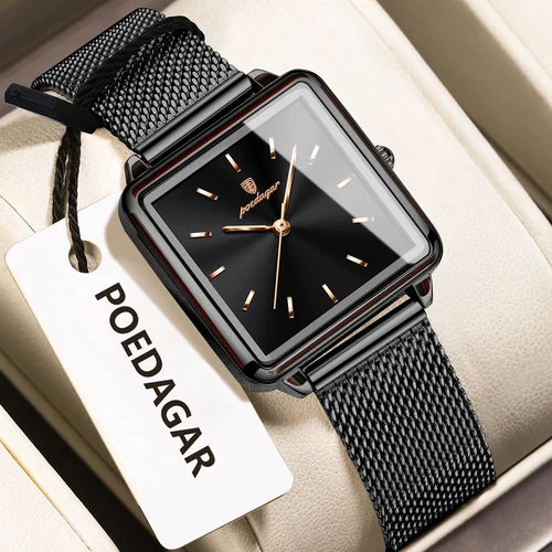 Imagen 2 del producto Reloj de pulsera POEDAGAR de marca a la moda para mujer, Reloj de malla resistente al agua de acero inoxidable para mujer, relojes de cuarzo cuadrados elegantes para mujer